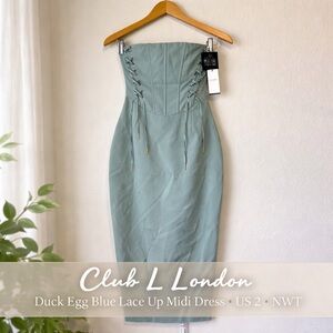 Club L London Daily Dose Duck Egg Blue Lace Up Bandeau Midi Dress US 2 NWT
